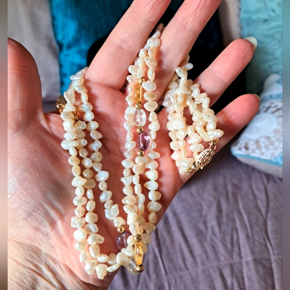 3 Strand 14K Gold Rice Pearl, Aquamarine, Amethyst, & Citrine Beaded Necklace